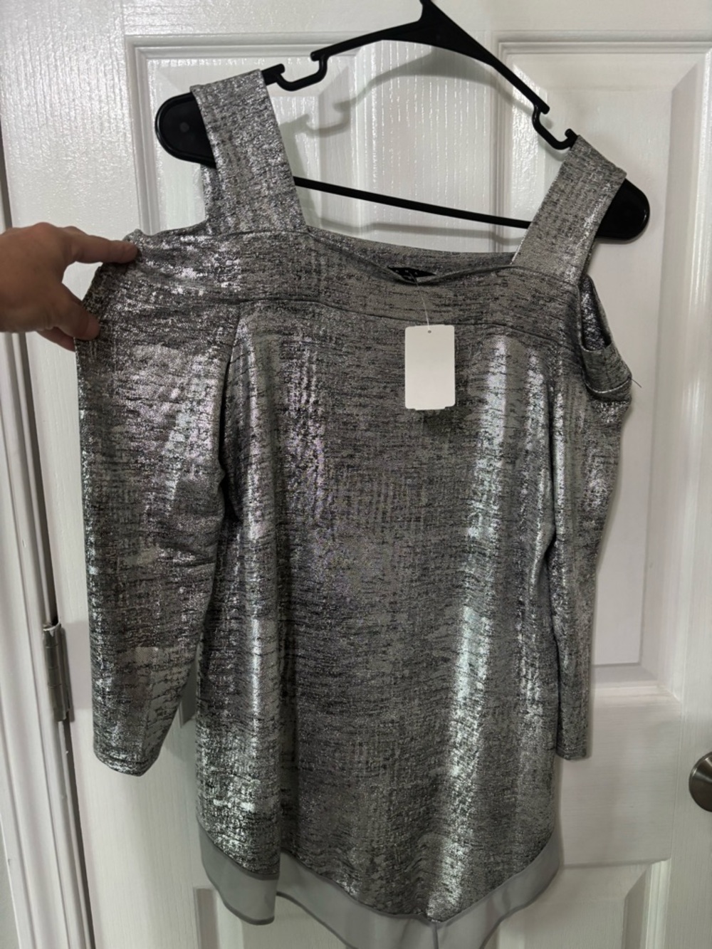 Tiana B. Silver Metallic off shoulder top